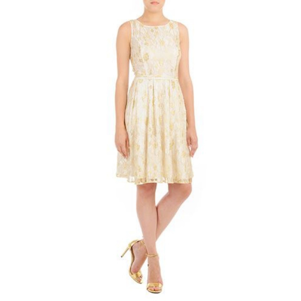 Eshakti White and Gold Lace Dress added sleeves
